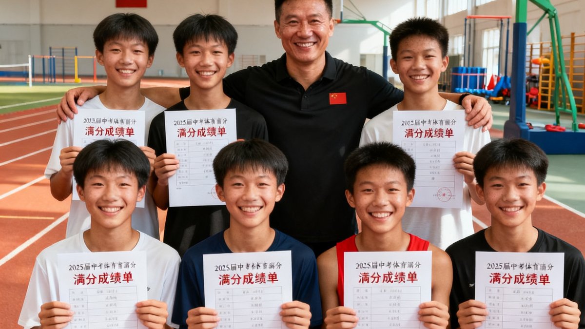 2025届中考体育满分学员与教练在训练场合影留念，学员们手持满分成绩单，脸上绽放着自豪与喜悦的笑容。